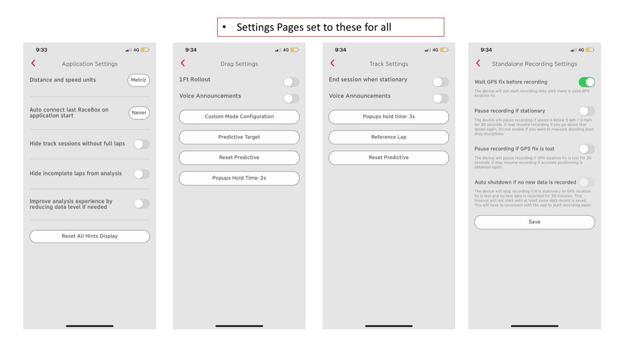 The RaceBox app settings pages — Application Settings on Metric, and Standalone Recording with 'Wait GPS fix' on and everything else off.