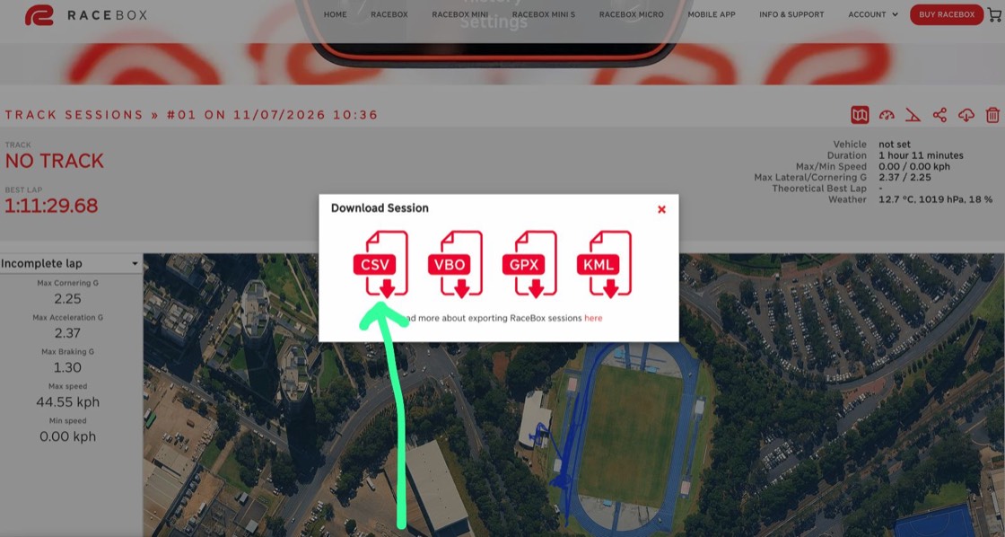 The Download Session dialog on racebox.com — pick CSV from the CSV, VBO, GPX and KML options.
