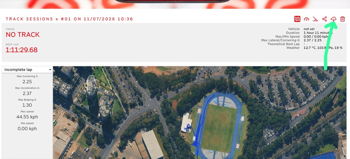 A track session open on racebox.com, with the download icon highlighted in the top-right toolbar.