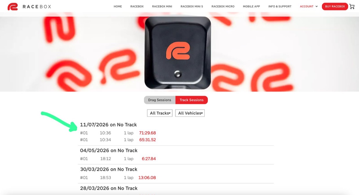 The Track Sessions list on racebox.com — sessions grouped by date, picked by their start time.