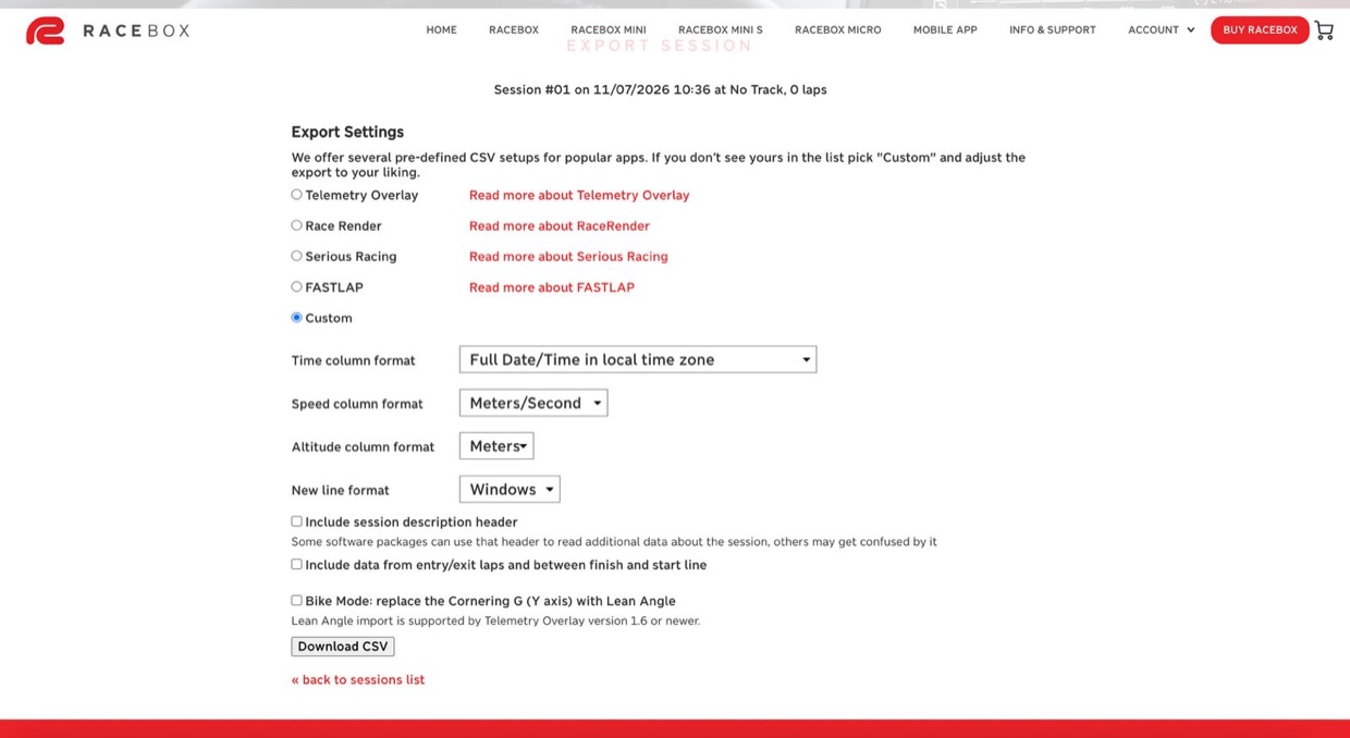 The Custom export settings on racebox.com — Full Date/Time, Meters/Second, Windows line endings, all boxes unticked.