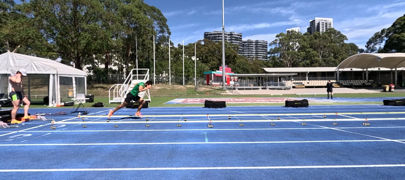 The 10 m acceleration zone, filmed for TrackStat with an OptoJump laid down alongside